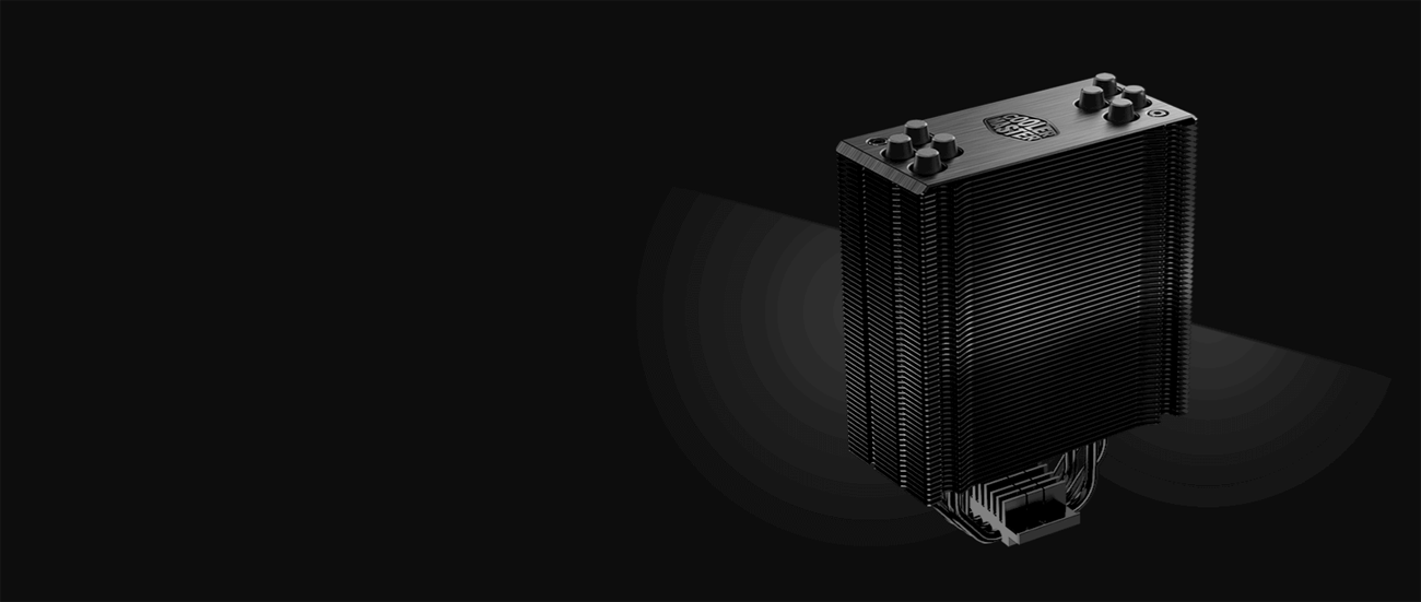 A Cooler Master Hyper 212 Black Edition CPU cooler's fin stack is on display.